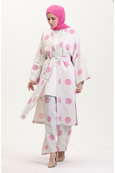 sefamerve Patterned Kimono Set Cream-Rose-Dry 14935-01