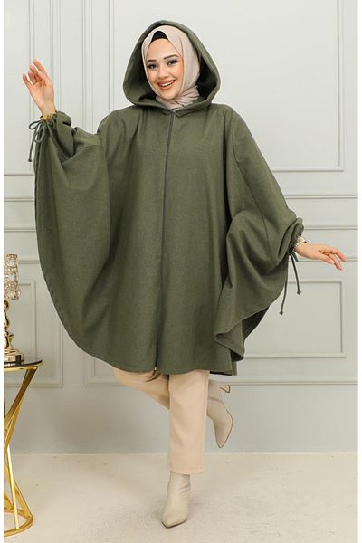 sefamerve Kapuzen-Kaschmir-Poncho 0505-08 Khakigrün