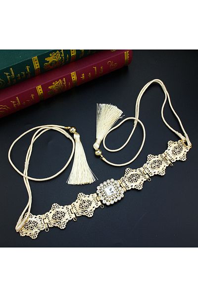 Choice SUNSBT0508white Sunspicems Gold Color Women Tassels Belt Morocco Hand Rope Waist Chain Arabic Crysta