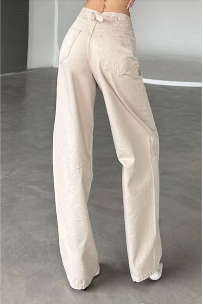 LAMİRAMOOD Bagy Beige Crem Baggy Talie reglabilă cu cataramă Pantaloni Palazzo cu talie înaltă pentru femei, bej, cu picioare largi