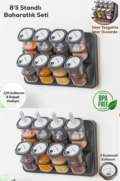 Porsima 1117 8-Piece Labeled Hanging Self-Adhesive Countertop Stand Spice Rack Set with Rotating Lid