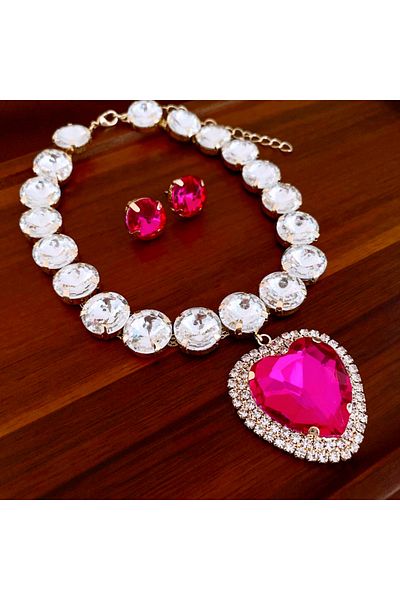 Choice Rose Red Romantic Heart Pendant Necklace Earrings Set Luxury Rhinestone Necklace Stud Earrings Jewel