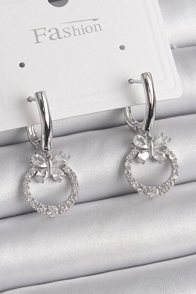 Clariss Brass Silver Color Zircon Stone Butterfly Figure Dangle Detail Women's Earrings