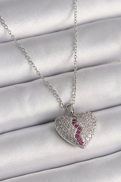 Store 316L Steel Silver Color Chain Zircon Stone Heart Model Women's Necklace