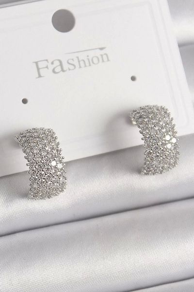 Clariss Brass Silver Color Zircon Stone Hoop Model Women's Earrings