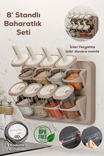 Porsima 1116 8-Piece Hanging Self-Adhesive Countertop Spice Rack Set with Stand and Swivel Lid