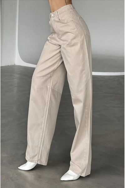 LAMİRAMOOD Bagy Beige Crem Baggy Talie reglabilă cu cataramă Pantaloni Palazzo cu talie înaltă pentru femei, bej, cu picioare largi