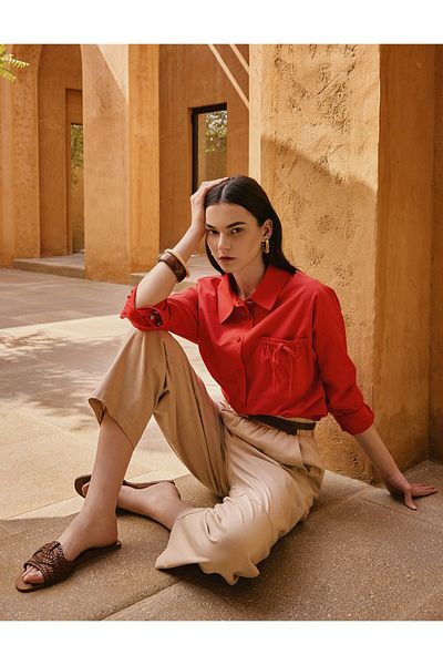 Kayra Red Tunic - Lace Detail, Shirt Neck