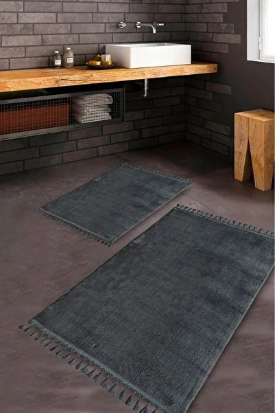 SARAZ HALI Puffy Bath Mat 2 Pack Fringed Washable Anthracite