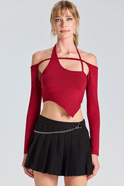 World Fashion Trends 2459 Bluză roșie Claret cu detaliu de frânghie pe guler