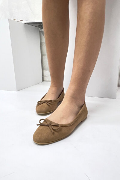 inizio Sand Color Suede Bow Women's Ballerinas P9009