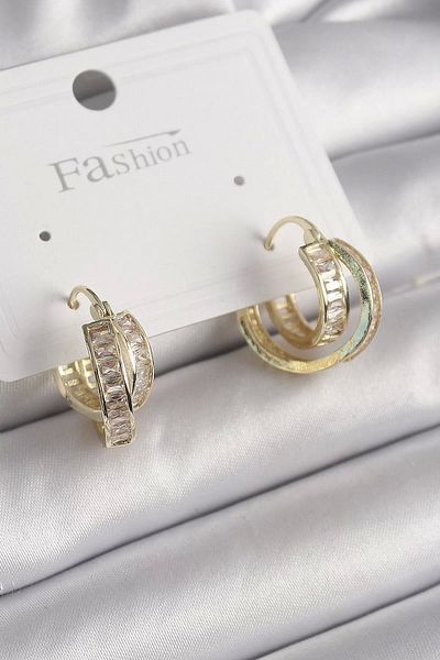 Clariss Brass Gold Color Zircon Stone Hoop Model Women's Earrings