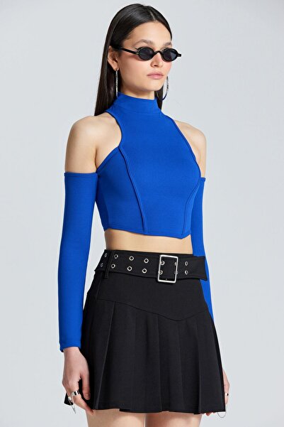 World Fashion Trends 1890 Sırtı Fermuarlı Omuzları Açık Saks Mavisi Bluz