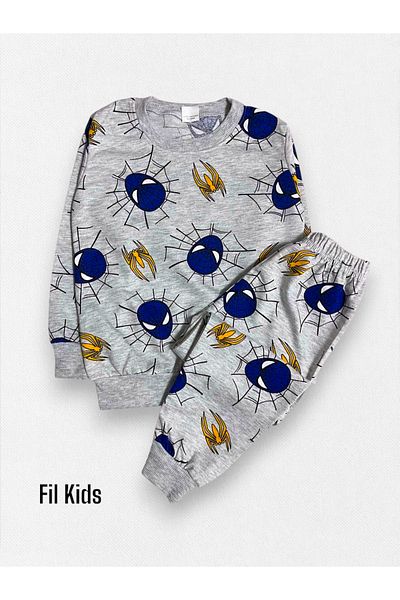 Fil Kids Boy's 100% Cotton Gray Blue Spiderman Patterned Long Sleeve Seasonal Pajama Set