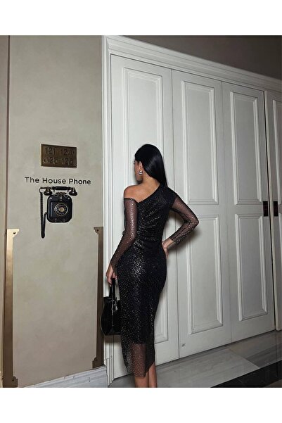 dükkan10butika Kadın Tek Omuz Tül Astarlı Parıltılı Midi Boy Dar Kalıp Abiye Mezuniyet Elbisesi Siyah Parıltılı