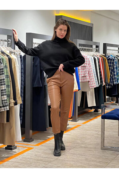 TARGET CH Δερμάτινο παντελόνι με ψηλή μέση και ριχτάρι - Stretchy και άνετο κοψίματος, καφέ