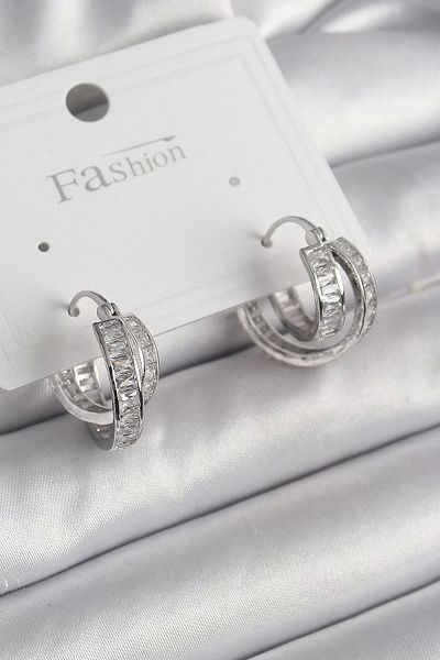 Clariss Brass Silver Color Zircon Stone Hoop Model Women's Earrings
