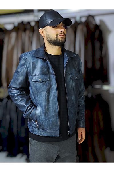 LEATHER HOUSE Men's Leather Coat'Aging Blue Vintage Code