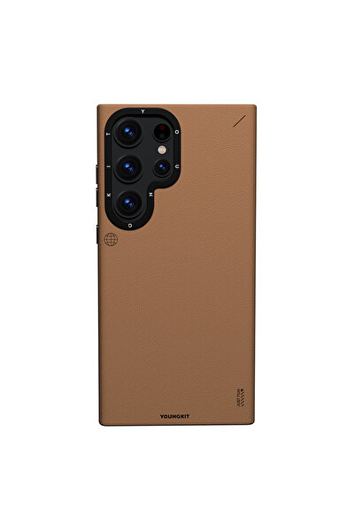 Youngkit Galaxy S23 Ultra Kılıf Magsafe Uyumlu Mat Deri Desenli Youngkit Tech Fashion Kapak Kahverengi