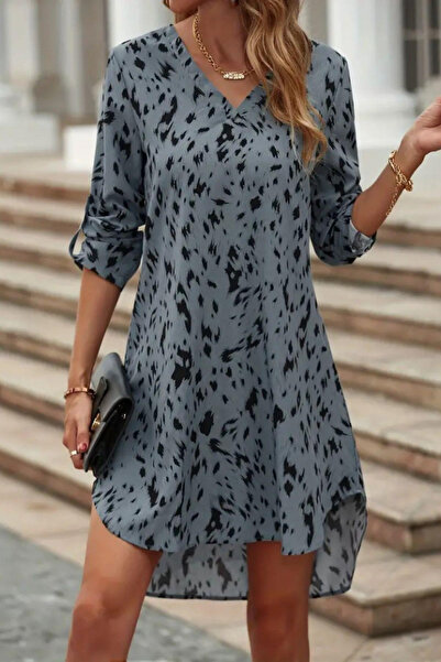 DÖPİYES Rochie scurtă de in, cu mânecă lungă, cu decolteu în V, cu imprimeu