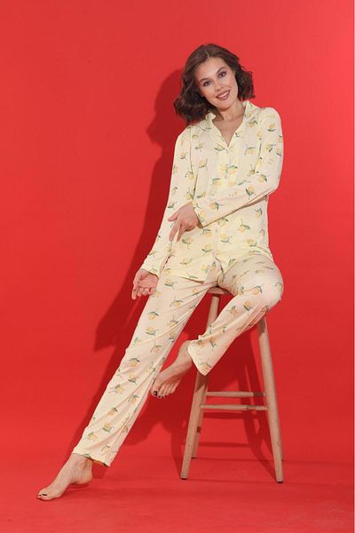 MEBA Women's Buttoned Ribbed Knitted Long Sleeve Seasonal Yellow Branched Lemon Pajama Set