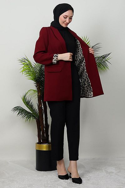 GİYZAMİLA Jachetă roșie Claret căptușită cu leopard