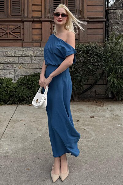 Madmext İndigo Düşük Omuz Elbise Mg2349