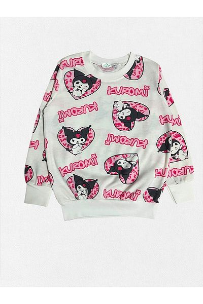 Fil Kids Girl's 100% Cotton White Pink Kuromi Patterned Long Sleeve Seasonal Pajama Set