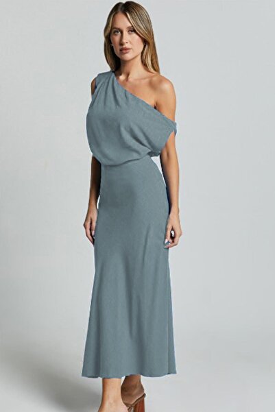 Madmext Gri Düşük Omuz Elbise Mg2349