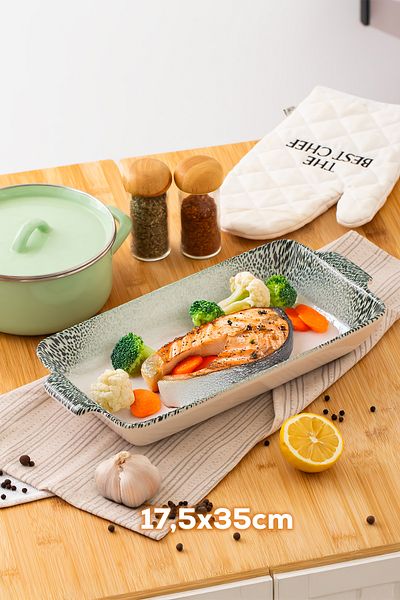Porsima Rectangular 3-Piece Oven Dish, Serving Dish, Presentation Tray and Green Snack Plate