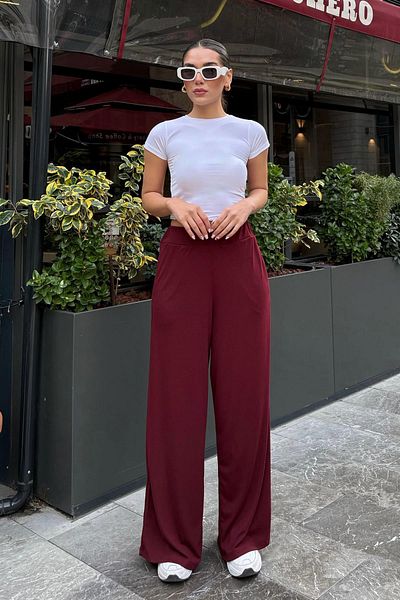 Madmext Burgundy High Waist Relaxed Fit Wide Leg Women's Pants Mg2309