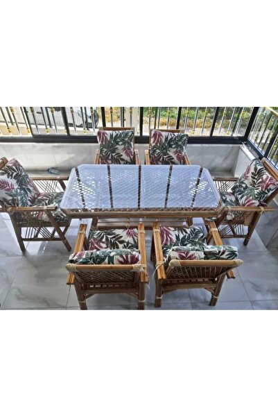NİVEMESHOME 6 KİŞİLİK MİNDERLİ BAMBU OTURMA SETİ (6 SANDALYE+SEHPA)