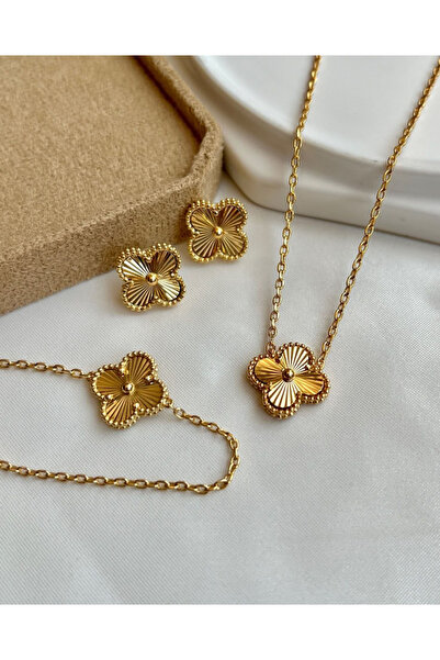 ANGELSS JEWELLERY مجموعة أقراط وقلادة من الذهب البرسيم