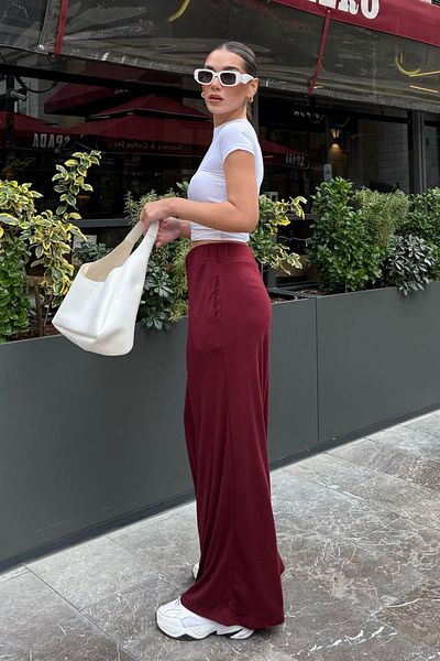Madmext Burgundy High Waist Relaxed Fit Wide Leg Women's Pants Mg2309