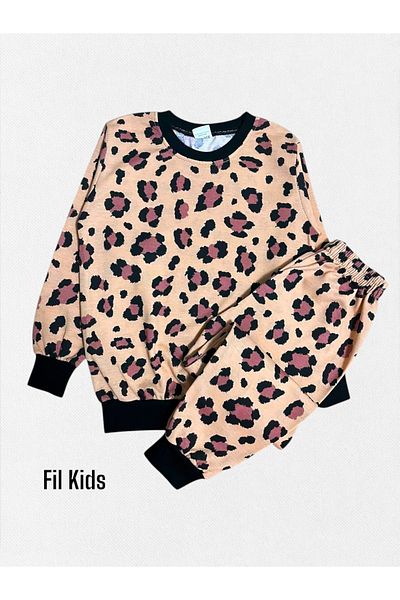 Fil Kids Κοριτσίστικο 100% βαμβακερό κρεμ χρώμα λεοπάρ μακρυμάνικο σετ εποχιακής πιτζάμα
