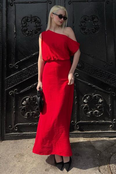 Madmext Kırmızı Düşük Omuz Elbise Mg2349