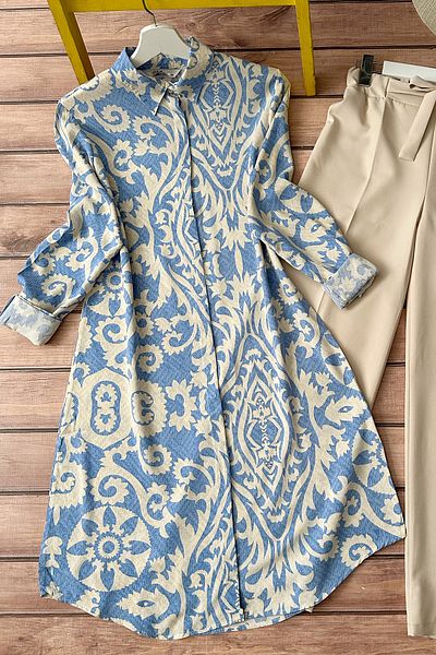 MODAQU Ethnic Patterned Viscose Tunic - Ice Blue