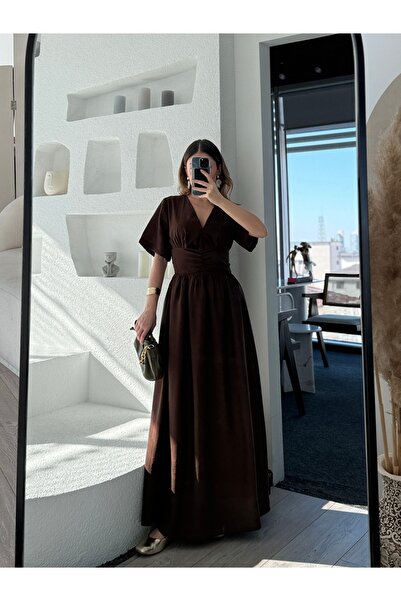 ForOre فستان نسائي طويل بني بياقة على شكل حرف V وخصر مشروط