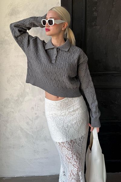 Madmext Anthracite Braided Hair Polo Collar Women's Sweater Mg2310