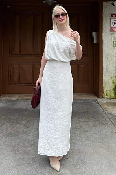 Madmext Beyaz Düşük Omuz Elbise Mg2349