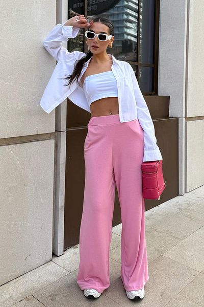 Madmext Pink High Waist Relaxed Fit Wide Leg Women's Pants Mg2309