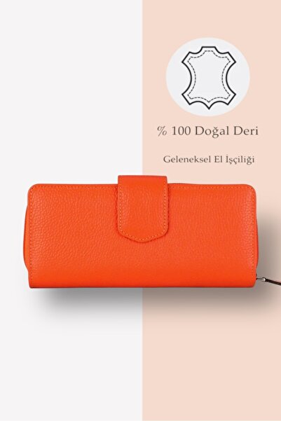 TUNAELLİ KADIN TURUNCU HAKİKİ DERİ FERMUARLI BOL KARTLIKLI  BOZUK PARA GÖZLÜ CÜZDAN