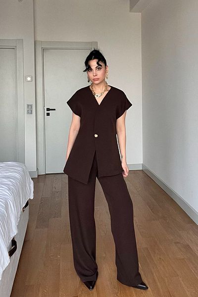 Seda Yalçın Atelier Bitter Brown Gold Button Detailed Asymmetrical Cut Vest Trousers Set
