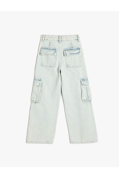 Koton Pantaloni de jeans pentru fete, cu buzunare late, cargo, deschis, indigo 5skg40058ad