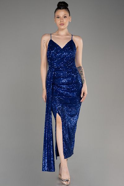 Efelif Saks Μπλε Κρεμαστό Φόρεμα Midi Sequin Προσκλητήριο ABK39868