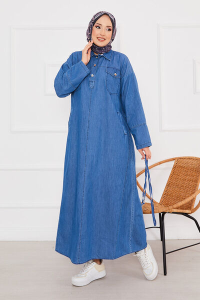 EBRUTESETTÜR Yarım Düğmeli Cepli Tesettür Kot Elbise