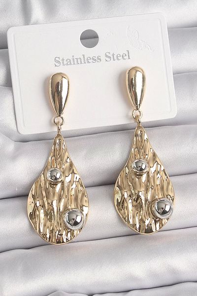 evimera Brass Gold Color Dangle Drop Model Silver Ball Detail Women's Earrings