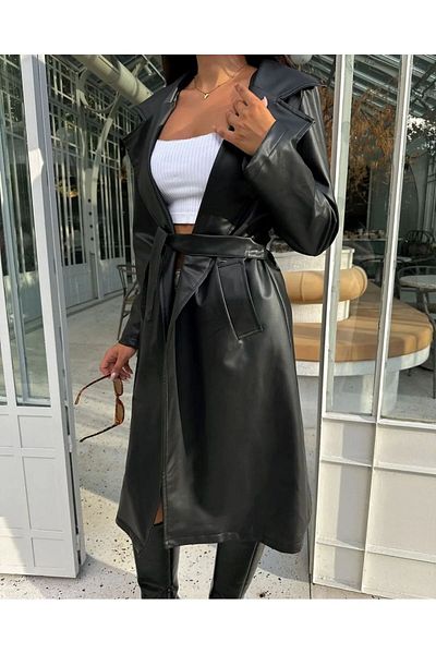 VESS MODA Vegan Belted Leather Trench Coat