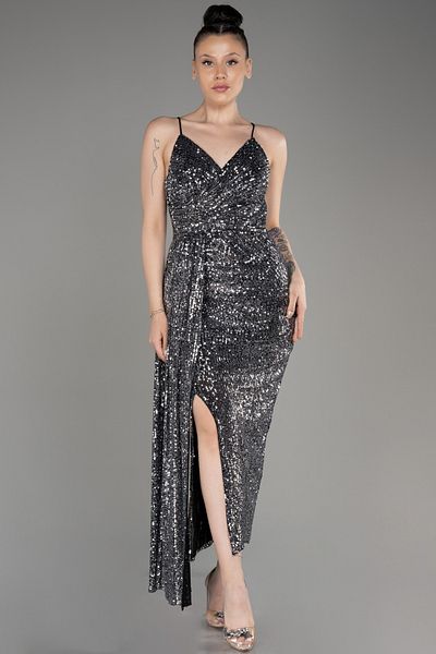 Efelif Φόρεμα Anthracite Strap Slit Midi Sequin ABK39868
