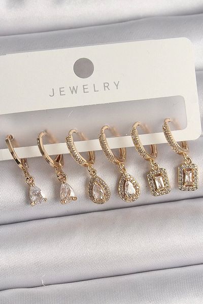 Clariss Brass Gold Color Dangle Zircon Stone Drop Model Women's Earring Set